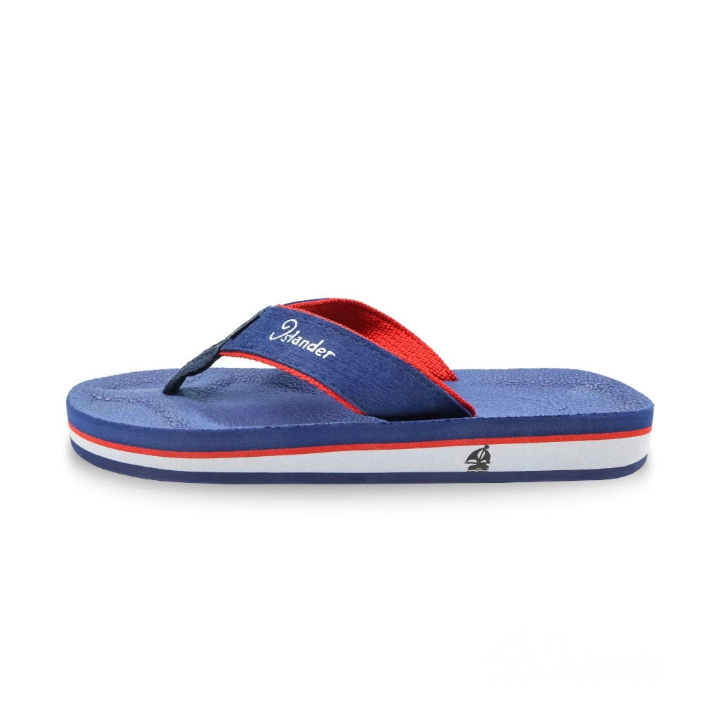 Marine blue and red sandal with a brand logo on a white background